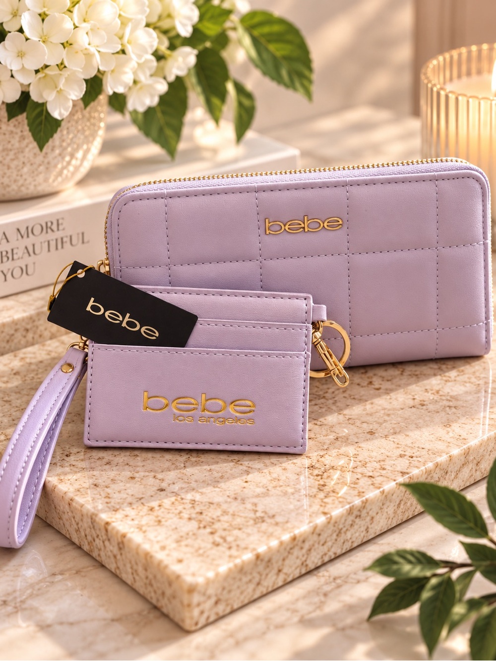 💜 Bebe Lilac Quilted Wallet + Cardholder Wristlet Set — NWT